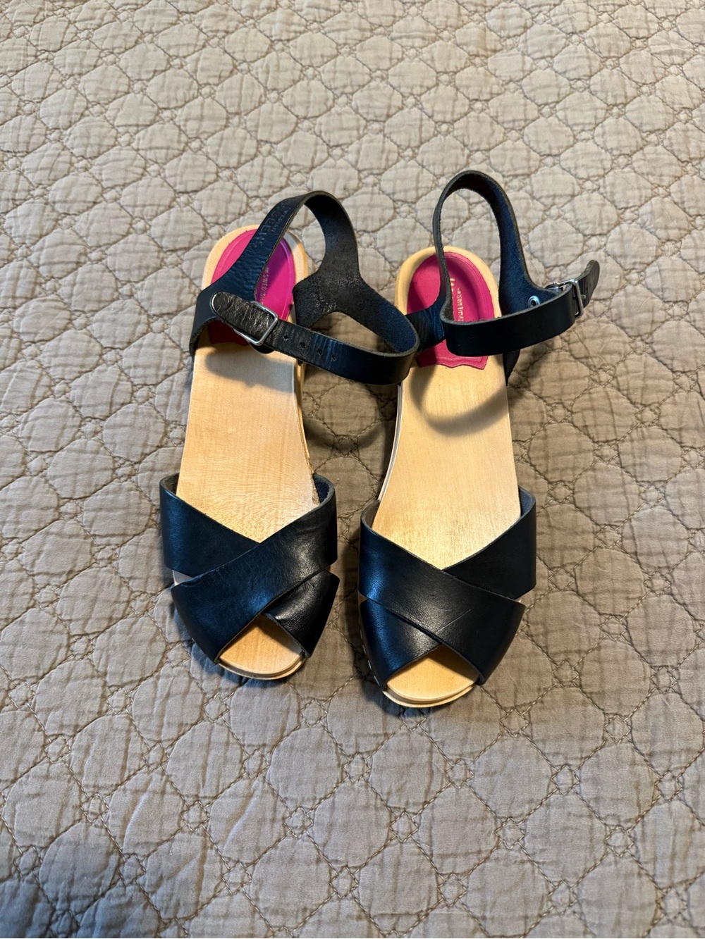Swedish Hasbeens Black Leather Crisscross Sandals with Pink Heel Lining